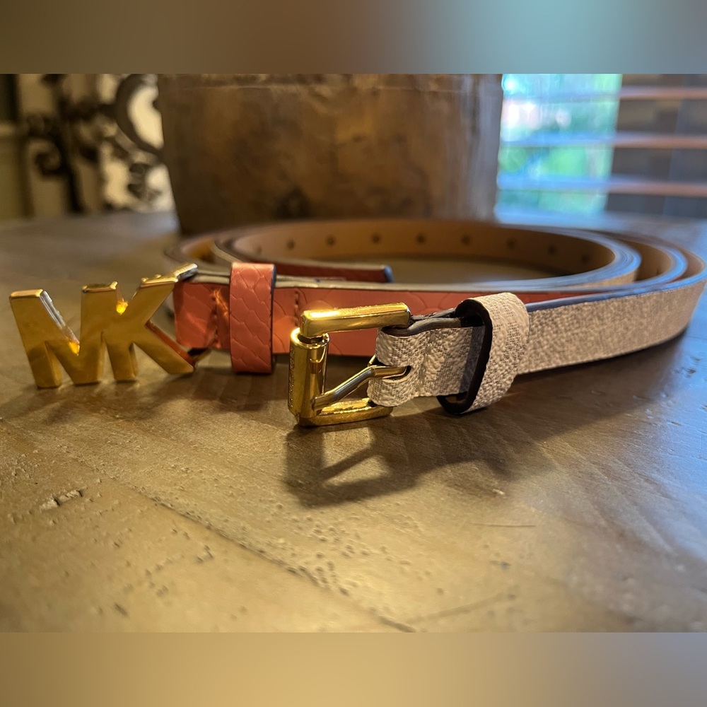 Michael Kors Pink Embossed Snakeskin & White/Gray Monogram Belts Set of 2, Sz XL - Picture 2 of 9
